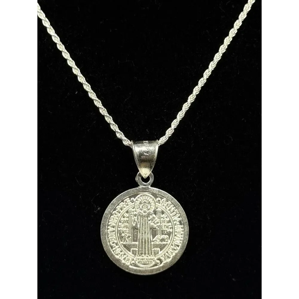 Sterling Silver Saint Benedict Medal Pendant Necklace 24 Inch 1.9mm Rope Chain